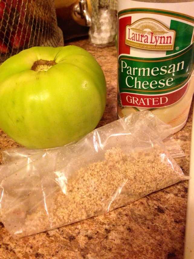 Green tomato, almond meal, grated Parmesan cheese 